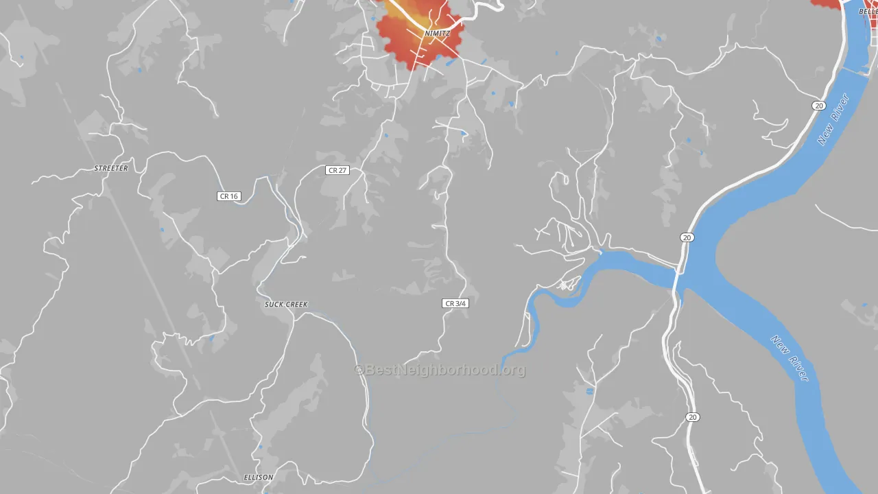 Walk Grade map of 25978, WV, walkable areas in green and car-dependent areas in red