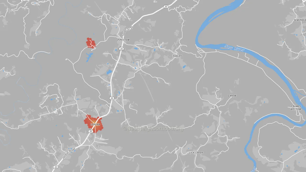 Walk Grade map of 25979, WV, walkable areas in green and car-dependent areas in red