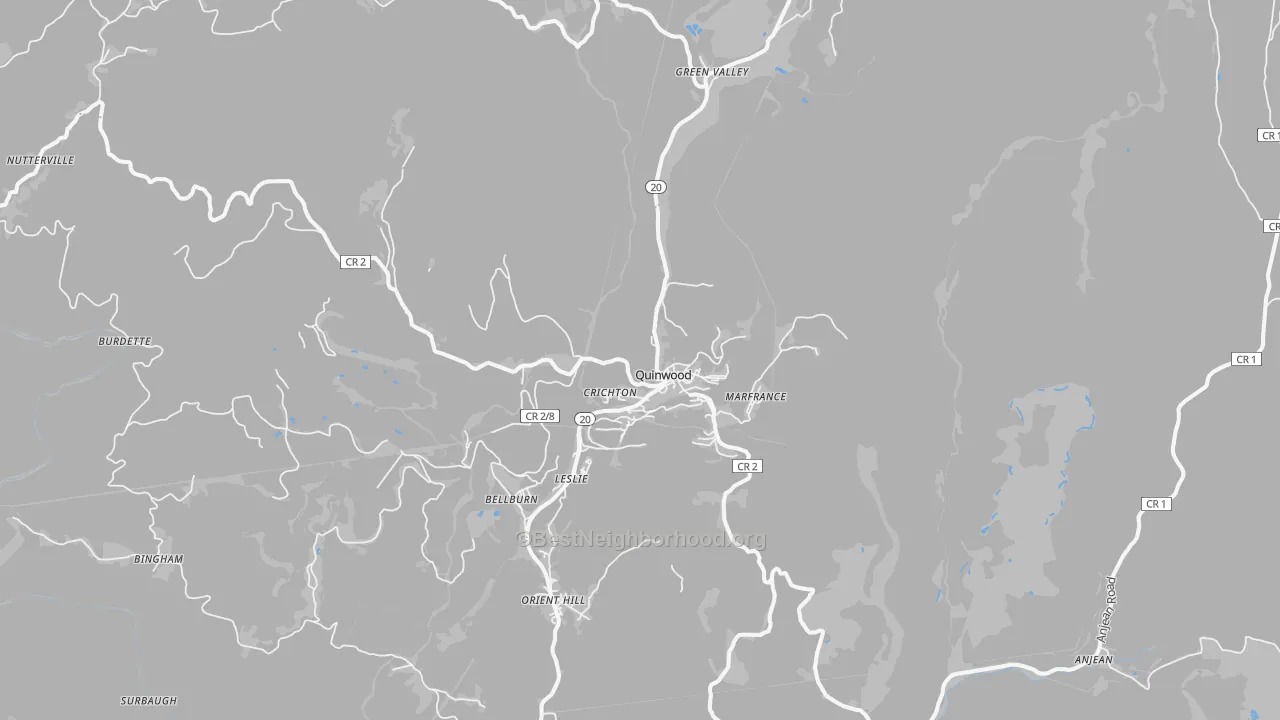 Walk Grade map of 25981, WV, walkable areas in green and car-dependent areas in red