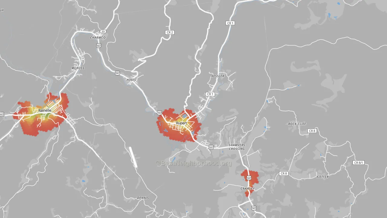 Walk Grade map of 25984, WV, walkable areas in green and car-dependent areas in red