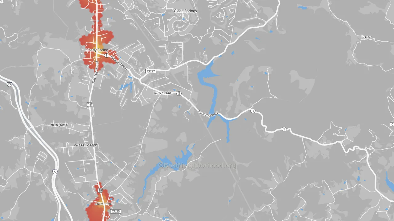Walk Grade map of 25989, WV, walkable areas in green and car-dependent areas in red