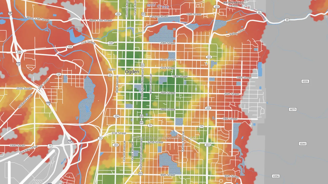 Walk Grade map of 25th Street, Ogden, UT, walkable areas in green and car-dependent areas in red