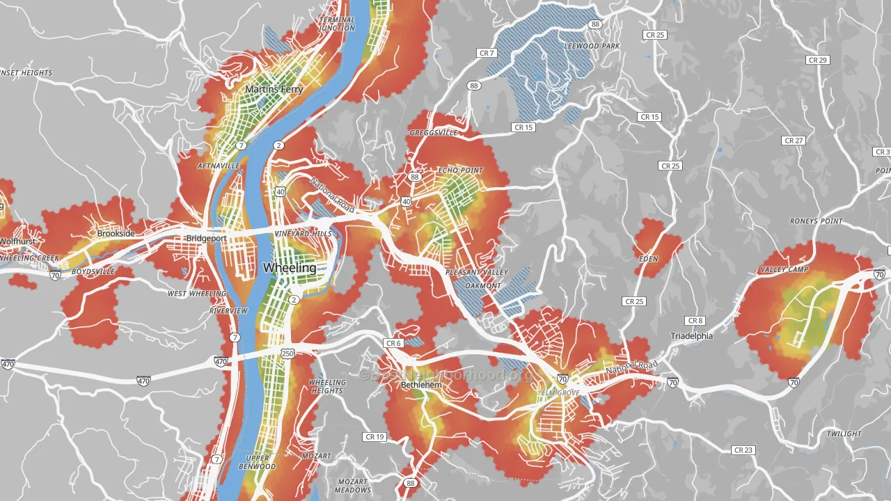 Walk Grade map of 26003, WV, walkable areas in green and car-dependent areas in red
