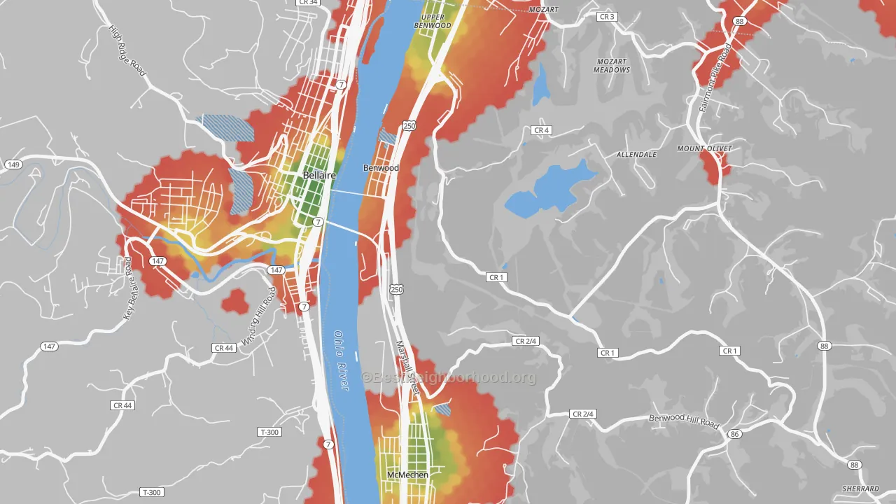 Walk Grade map of 26031, WV, walkable areas in green and car-dependent areas in red