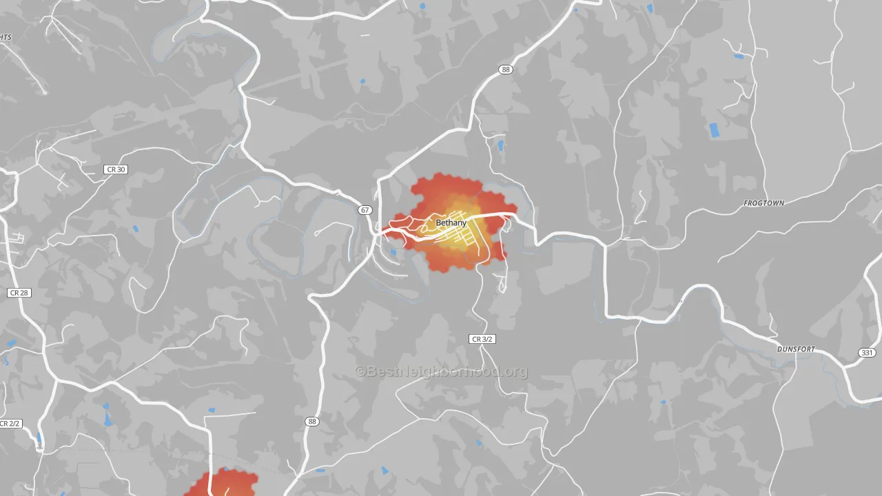 Walk Grade map of 26032, WV, walkable areas in green and car-dependent areas in red