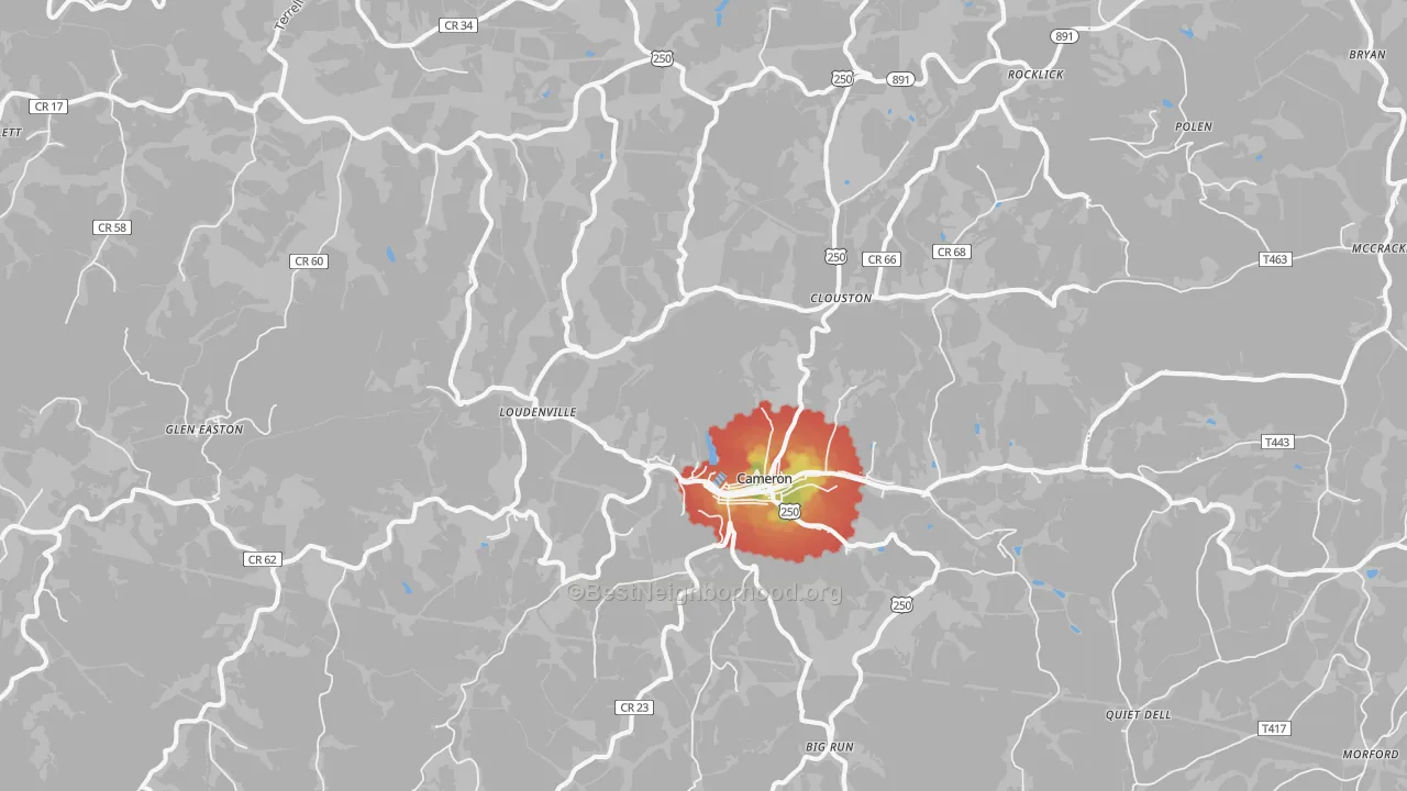 Walk Grade map of 26033, WV, walkable areas in green and car-dependent areas in red