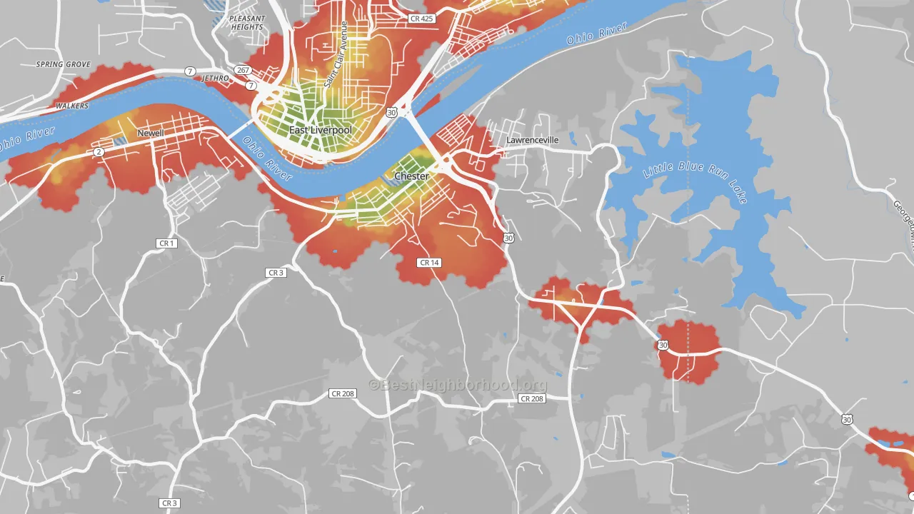 Walk Grade map of 26034, WV, walkable areas in green and car-dependent areas in red