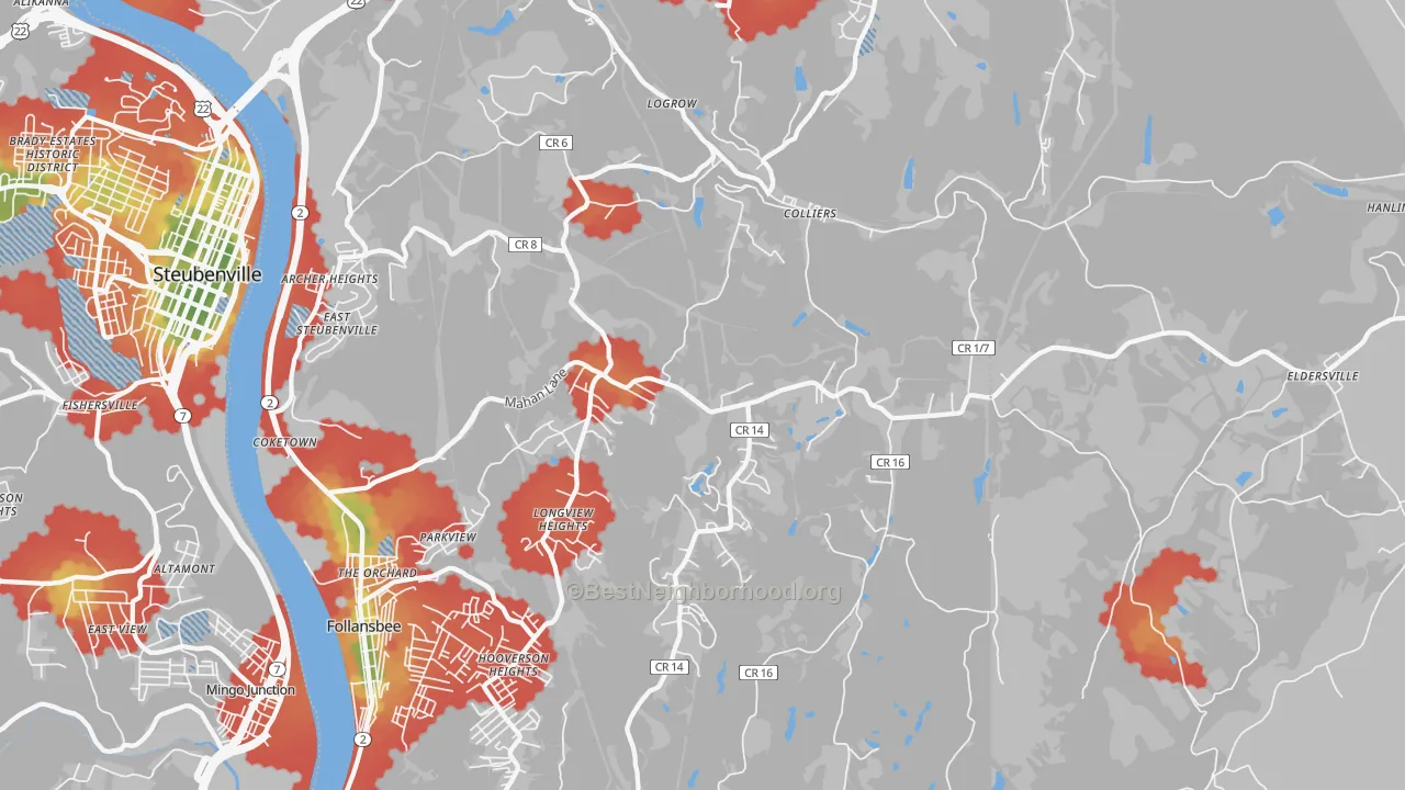 Walk Grade map of 26035, WV, walkable areas in green and car-dependent areas in red