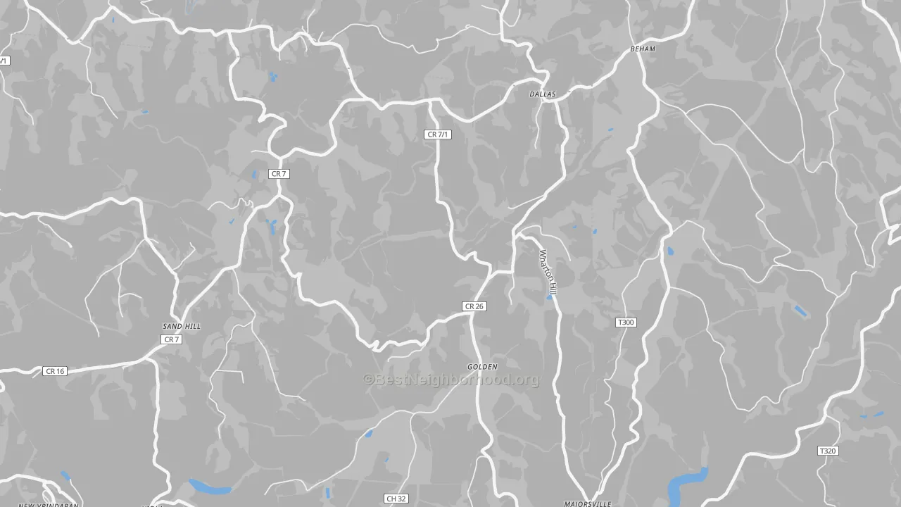 Walk Grade map of 26036, WV, walkable areas in green and car-dependent areas in red