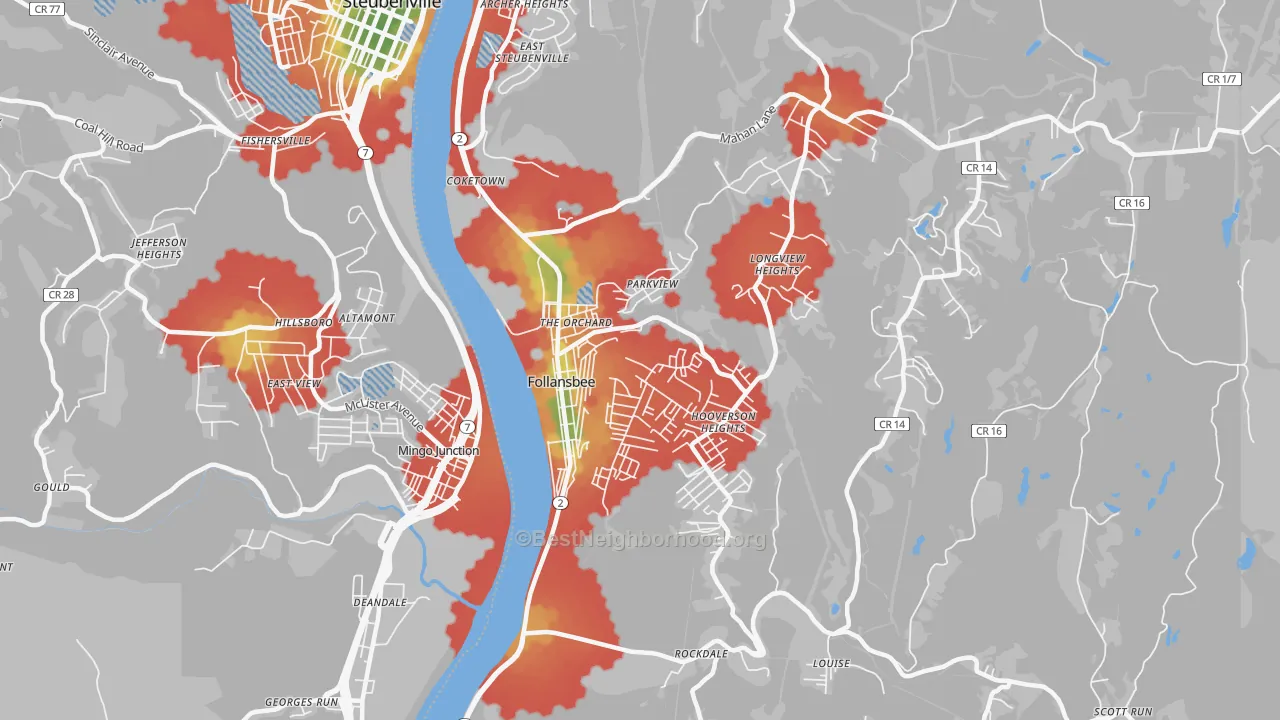 Walk Grade map of 26037, WV, walkable areas in green and car-dependent areas in red