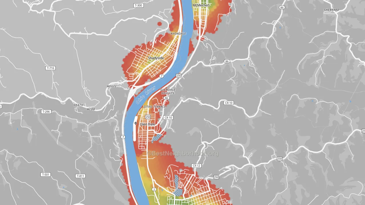 Walk Grade map of 26038, WV, walkable areas in green and car-dependent areas in red