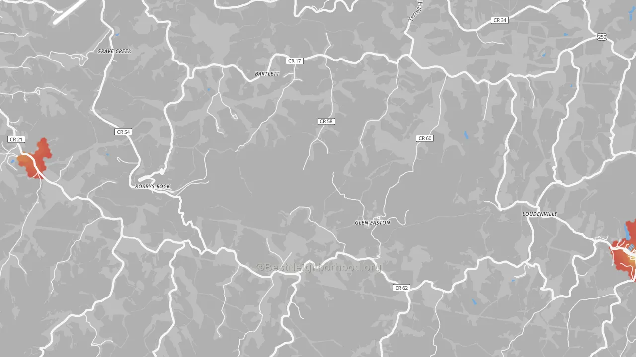 Walk Grade map of 26039, WV, walkable areas in green and car-dependent areas in red