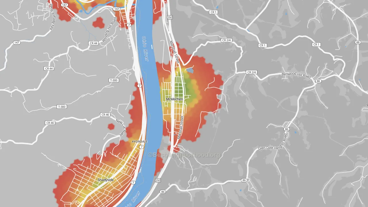 Walk Grade map of 26040, WV, walkable areas in green and car-dependent areas in red
