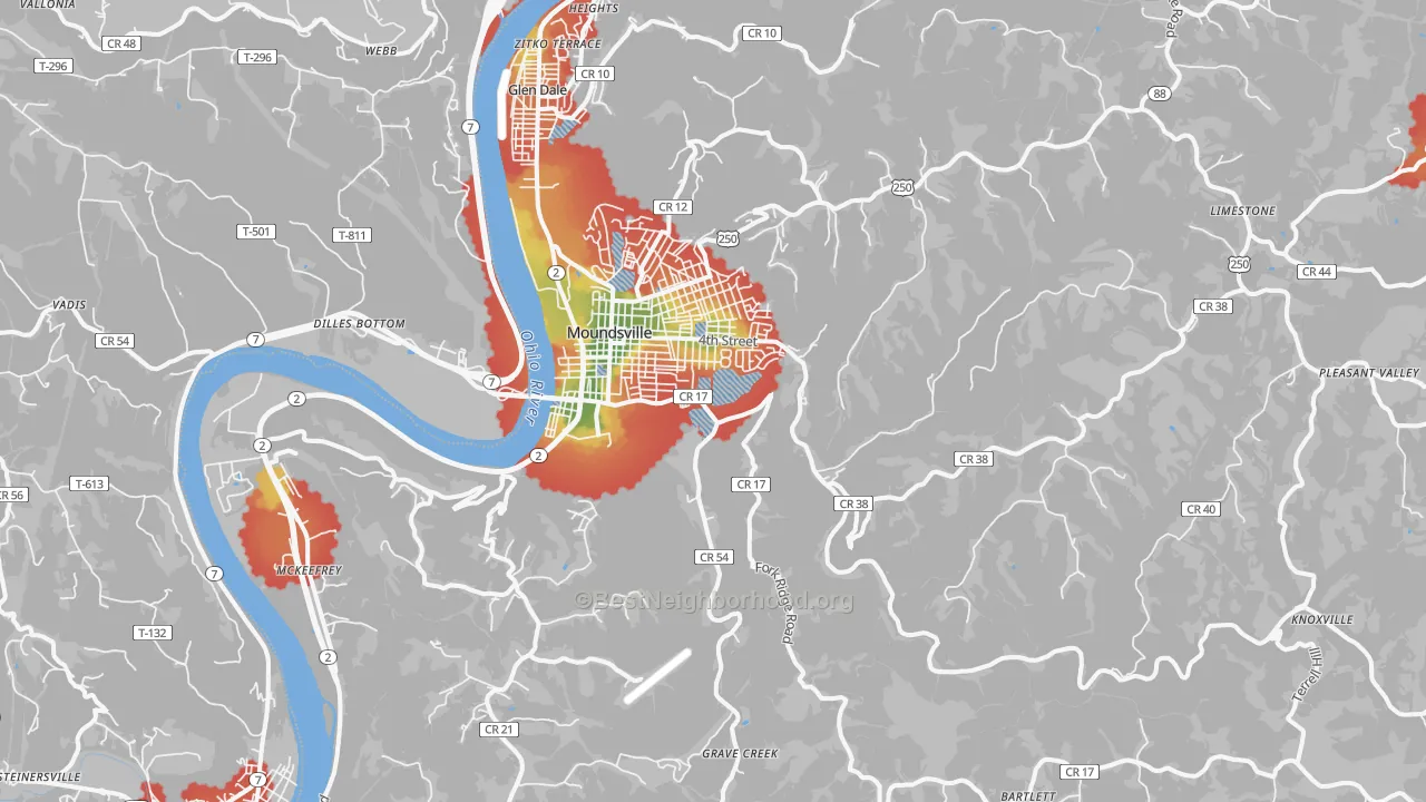 Walk Grade map of 26041, WV, walkable areas in green and car-dependent areas in red