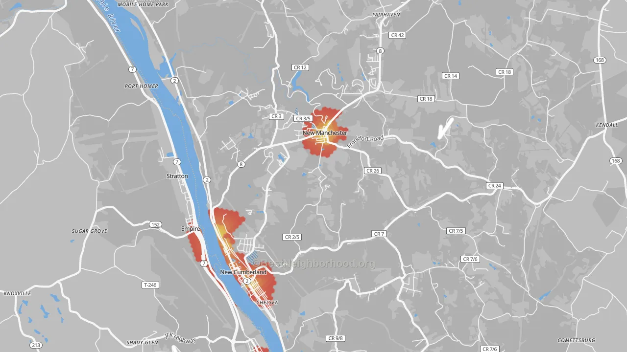 Walk Grade map of 26047, WV, walkable areas in green and car-dependent areas in red