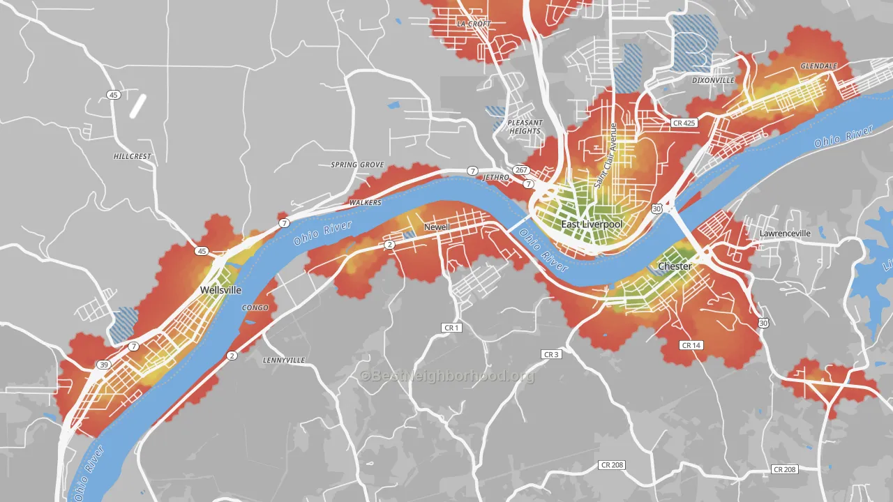 Walk Grade map of 26050, WV, walkable areas in green and car-dependent areas in red