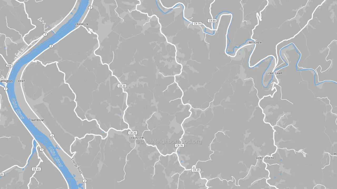 Walk Grade map of 26055, WV, walkable areas in green and car-dependent areas in red