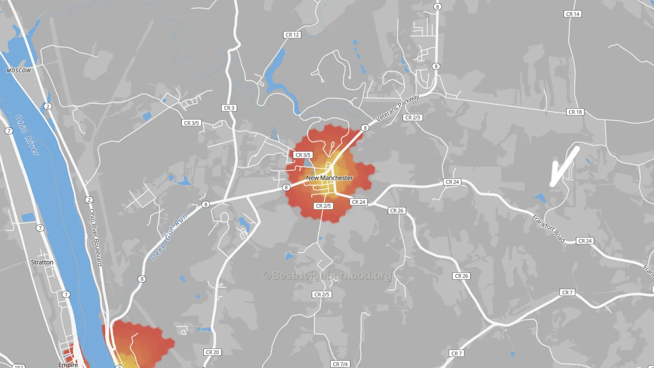 Walk Grade map of 26056, WV, walkable areas in green and car-dependent areas in red