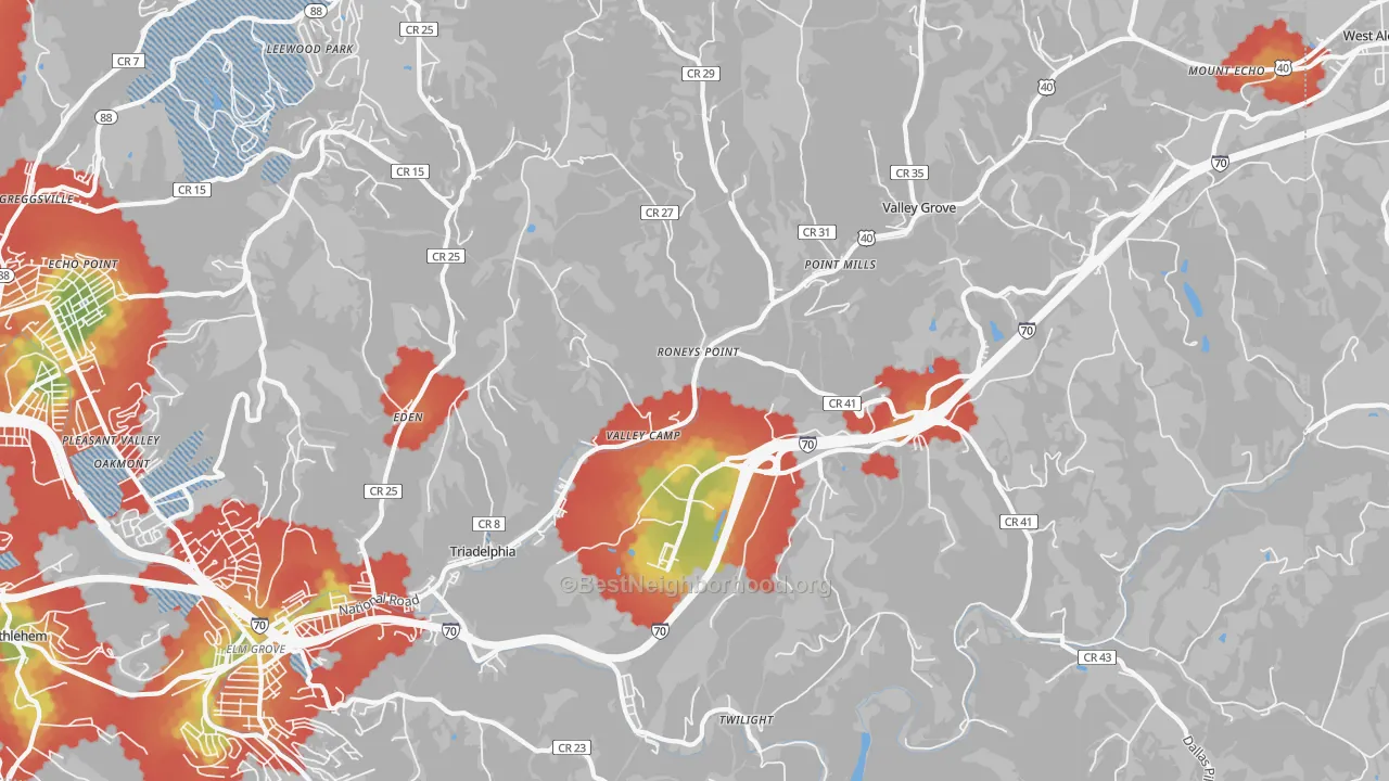 Walk Grade map of 26059, WV, walkable areas in green and car-dependent areas in red
