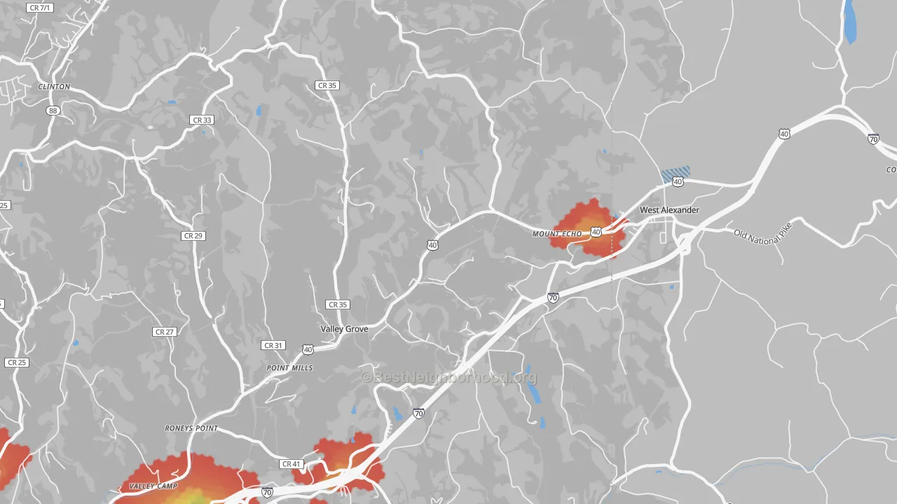 Walk Grade map of 26060, WV, walkable areas in green and car-dependent areas in red
