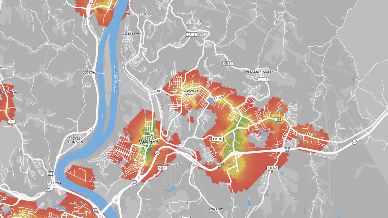 Walk Grade map of 26062, WV, walkable areas in green and car-dependent areas in red