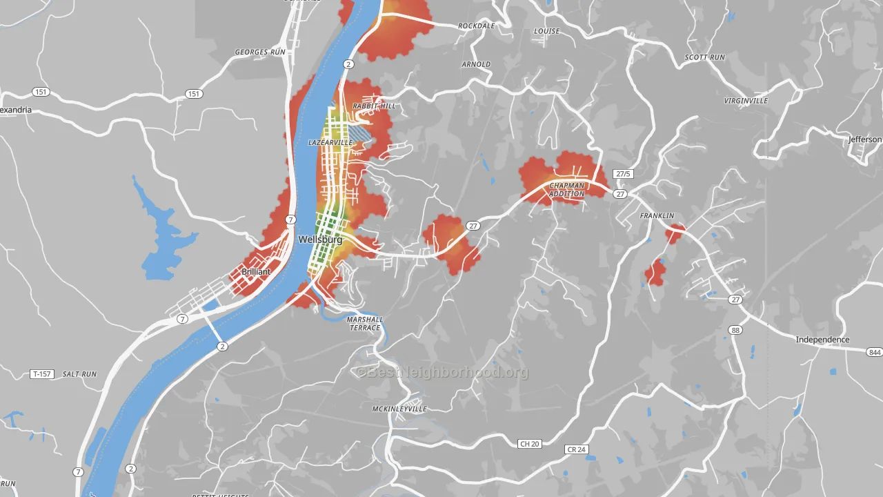Walk Grade map of 26070, WV, walkable areas in green and car-dependent areas in red