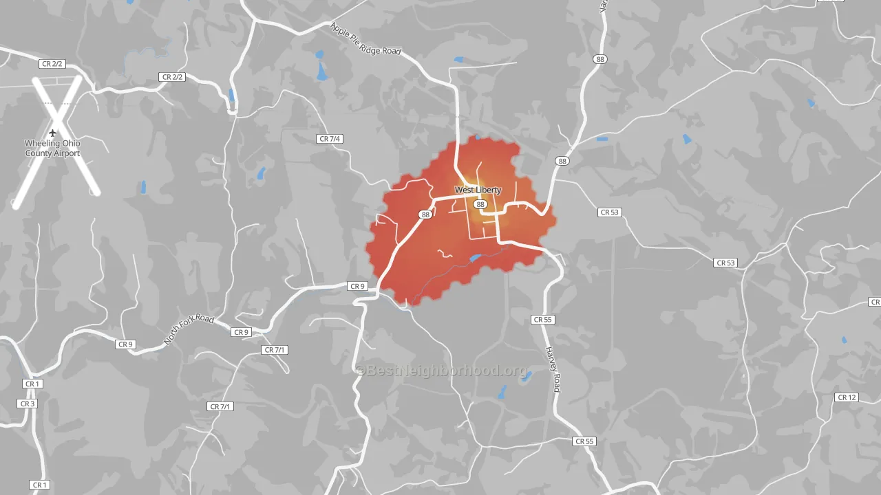 Walk Grade map of 26074, WV, walkable areas in green and car-dependent areas in red