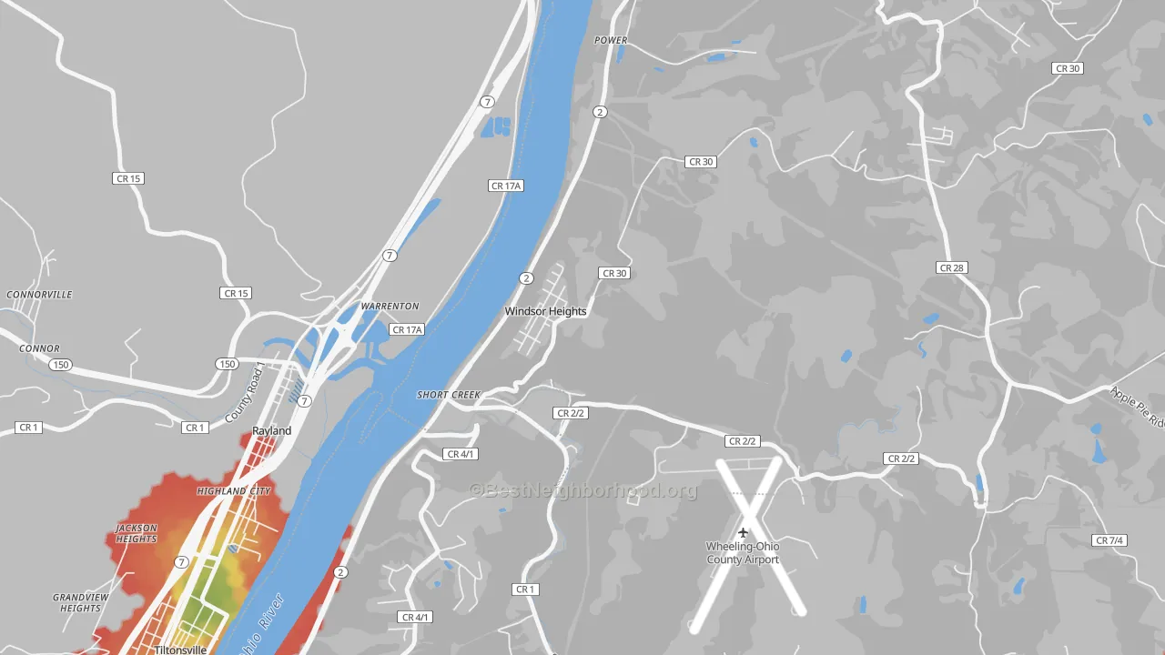 Walk Grade map of 26075, WV, walkable areas in green and car-dependent areas in red