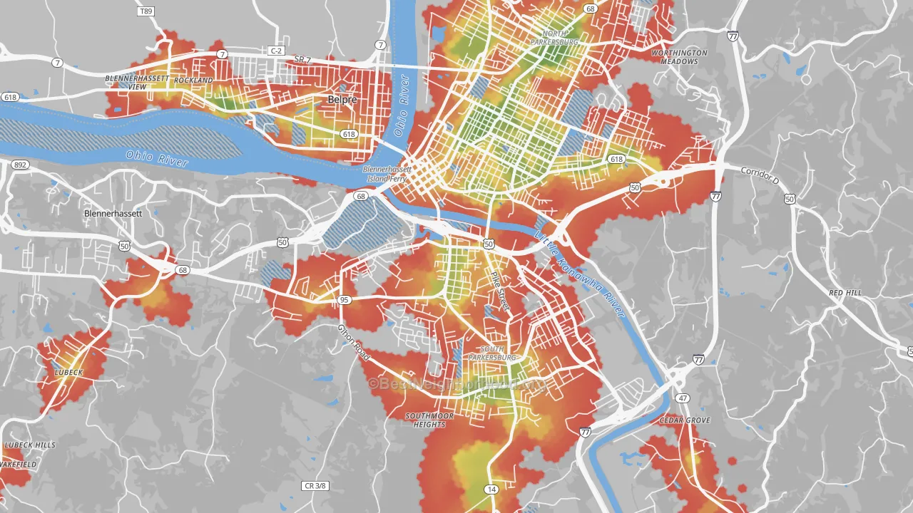 Walk Grade map of 26101, WV, walkable areas in green and car-dependent areas in red
