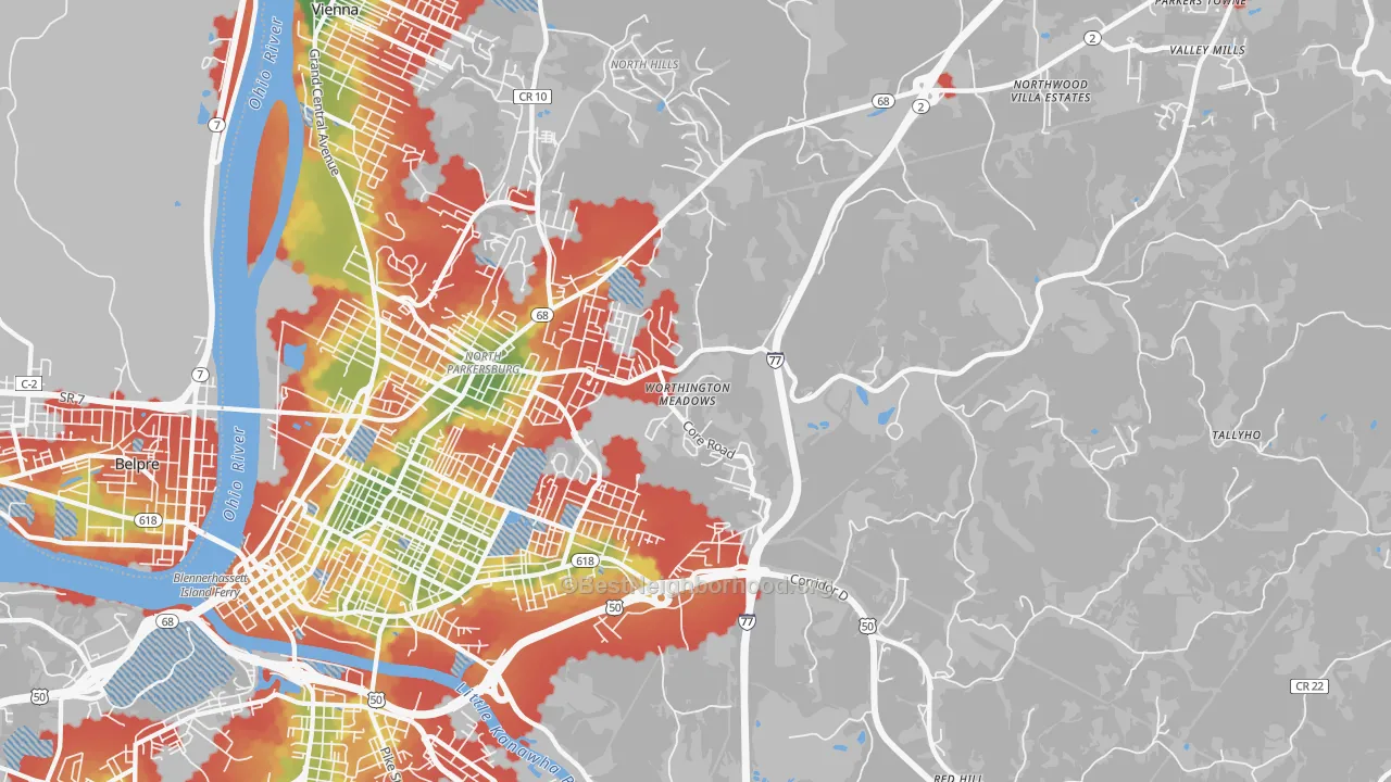Walk Grade map of 26104, WV, walkable areas in green and car-dependent areas in red