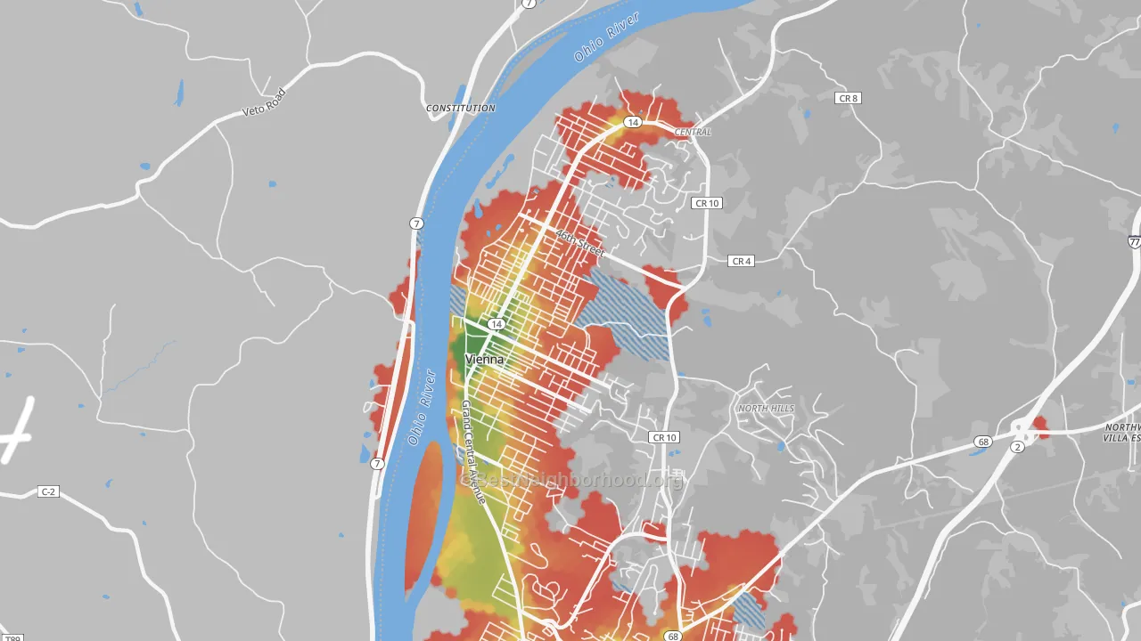 Walk Grade map of 26105, WV, walkable areas in green and car-dependent areas in red