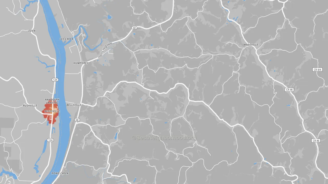 Walk Grade map of 26133, WV, walkable areas in green and car-dependent areas in red