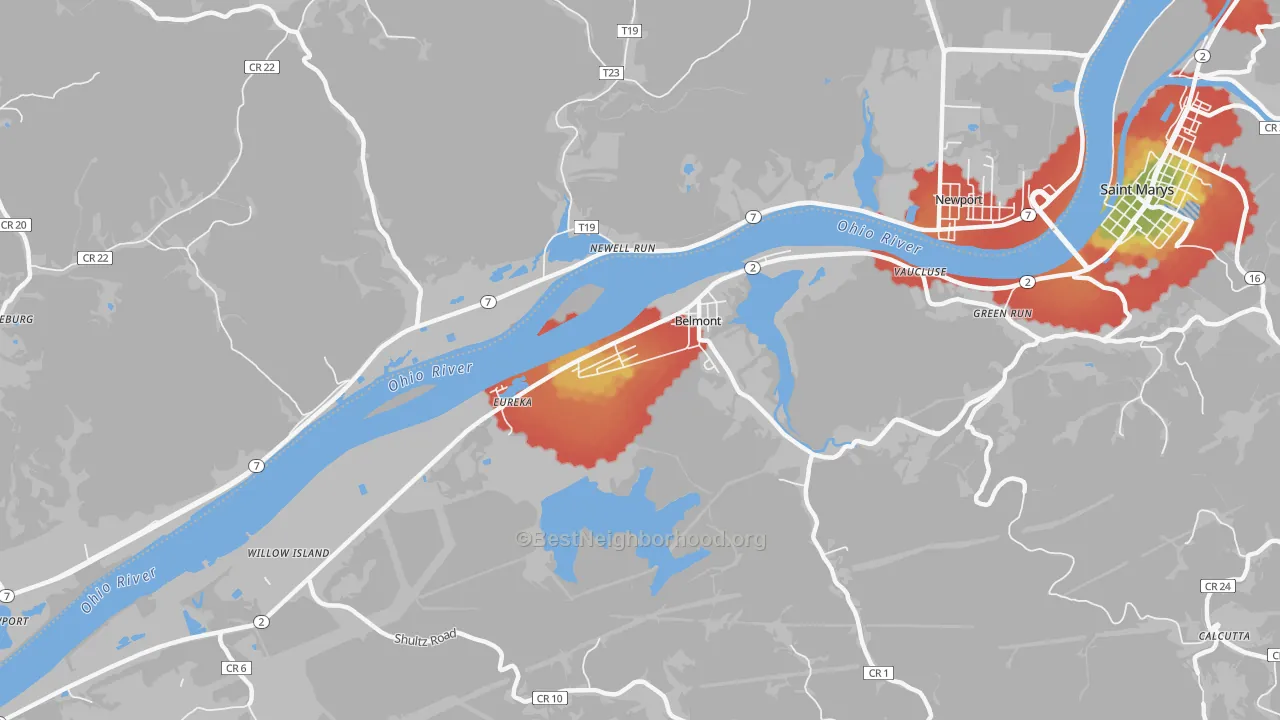 Walk Grade map of 26134, WV, walkable areas in green and car-dependent areas in red