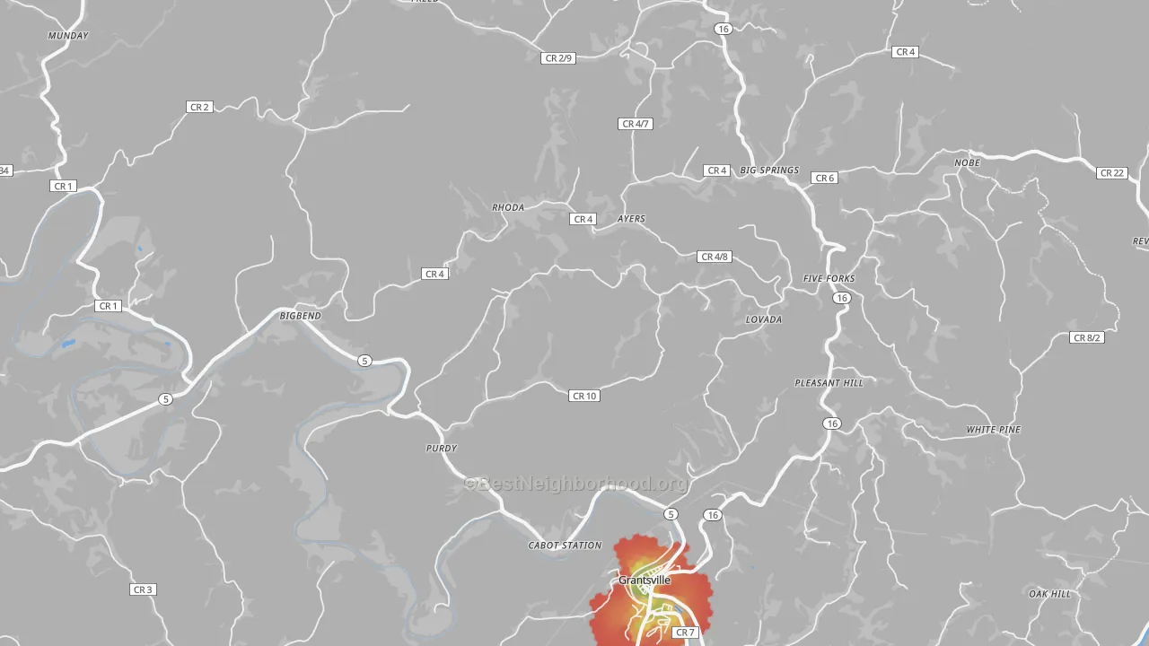 Walk Grade map of 26136, WV, walkable areas in green and car-dependent areas in red