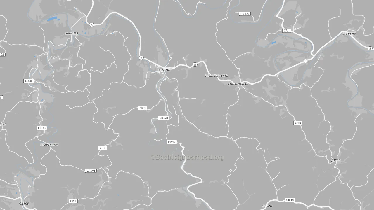 Walk Grade map of 26141, WV, walkable areas in green and car-dependent areas in red