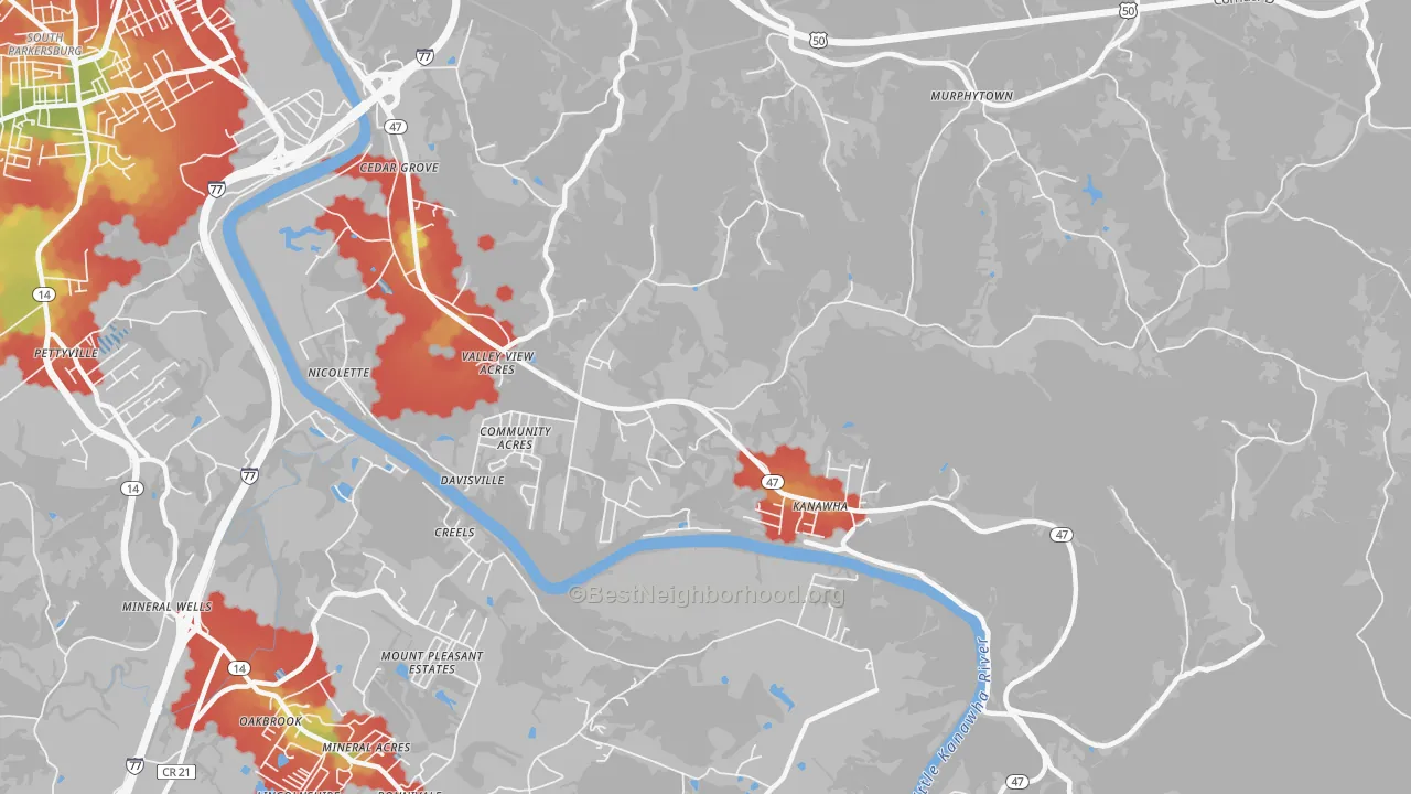 Walk Grade map of 26142, WV, walkable areas in green and car-dependent areas in red