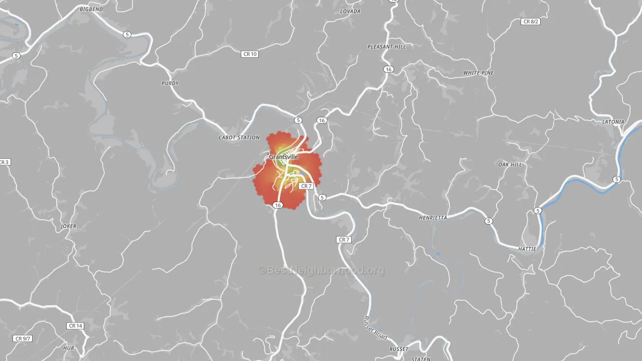 Walk Grade map of 26147, WV, walkable areas in green and car-dependent areas in red