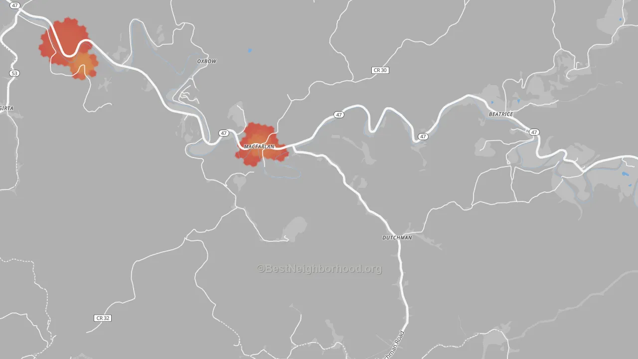 Walk Grade map of 26148, WV, walkable areas in green and car-dependent areas in red