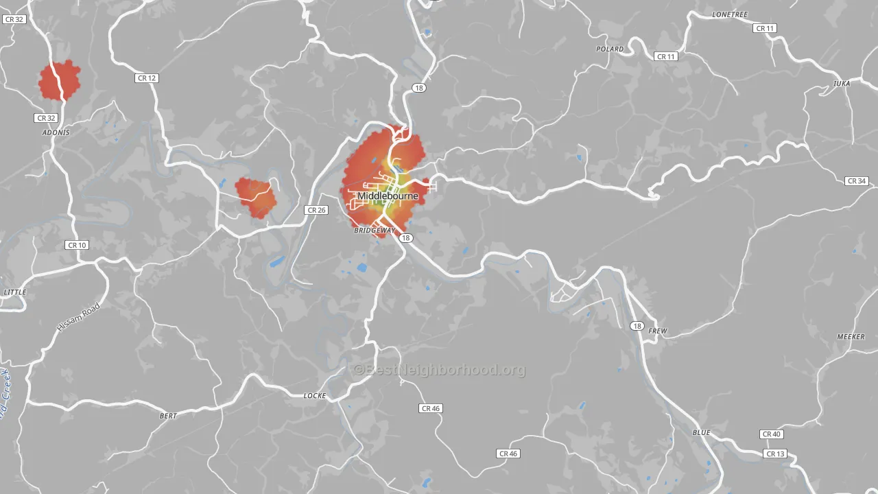Walk Grade map of 26149, WV, walkable areas in green and car-dependent areas in red