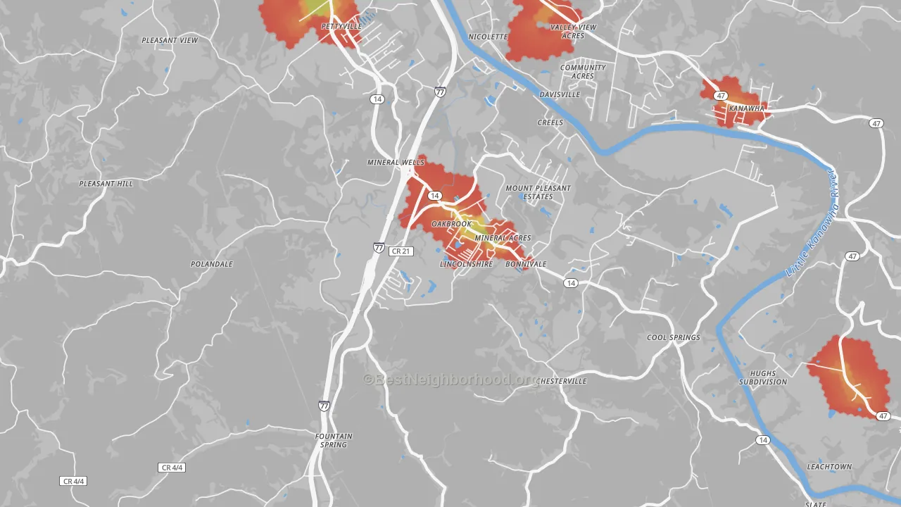Walk Grade map of 26150, WV, walkable areas in green and car-dependent areas in red