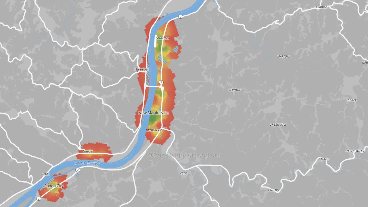 Walk Grade map of 26155, WV, walkable areas in green and car-dependent areas in red