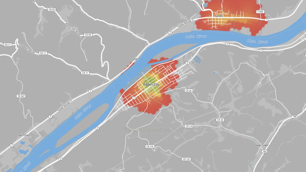 Walk Grade map of 26159, WV, walkable areas in green and car-dependent areas in red