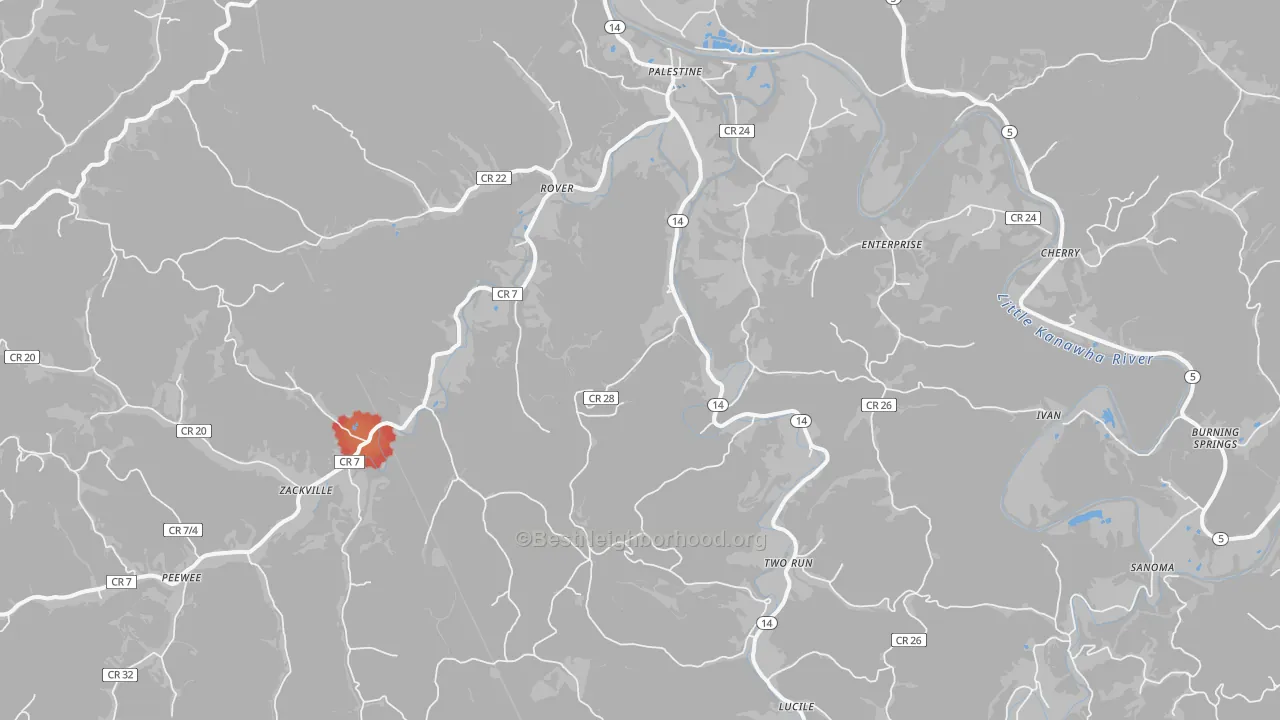 Walk Grade map of 26160, WV, walkable areas in green and car-dependent areas in red