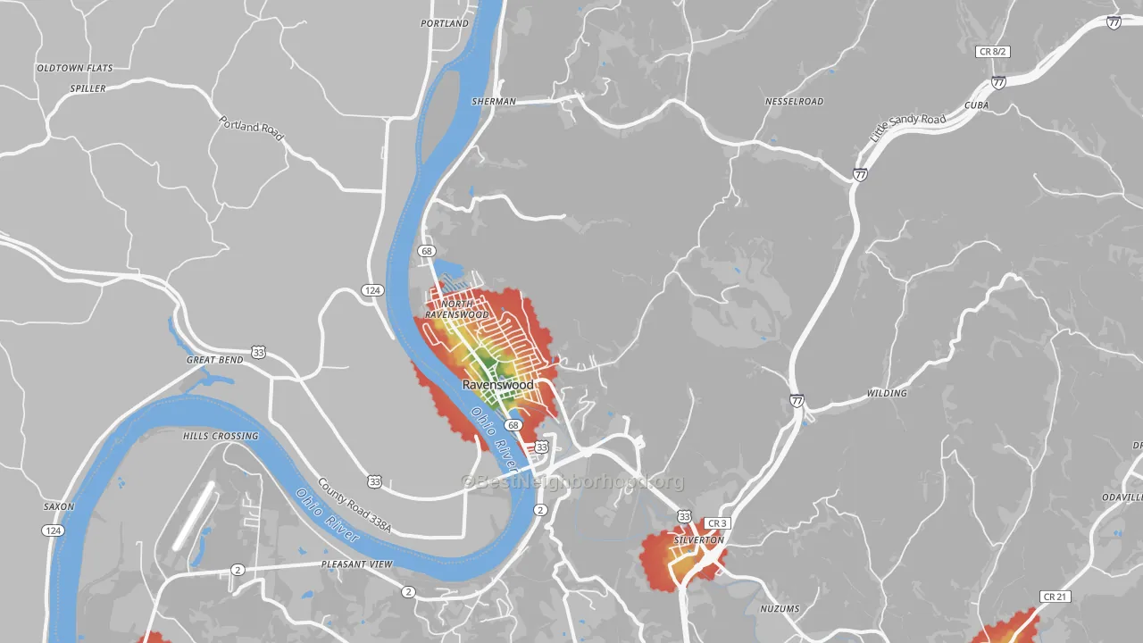 Walk Grade map of 26164, WV, walkable areas in green and car-dependent areas in red