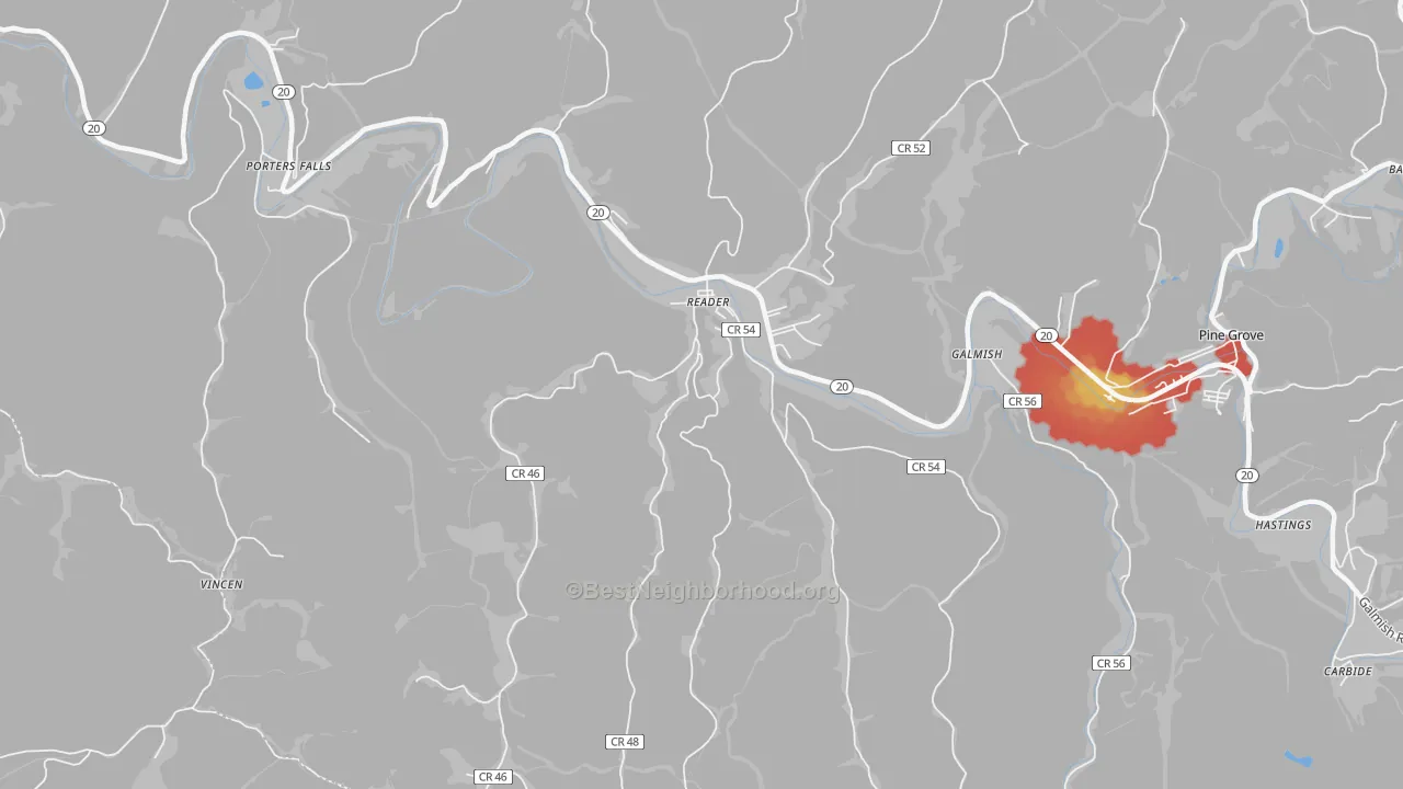 Walk Grade map of 26167, WV, walkable areas in green and car-dependent areas in red