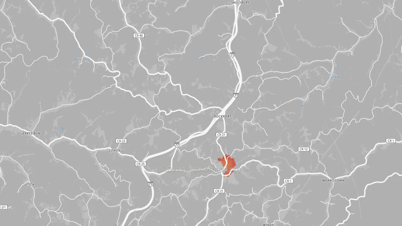 Walk Grade map of 26169, WV, walkable areas in green and car-dependent areas in red