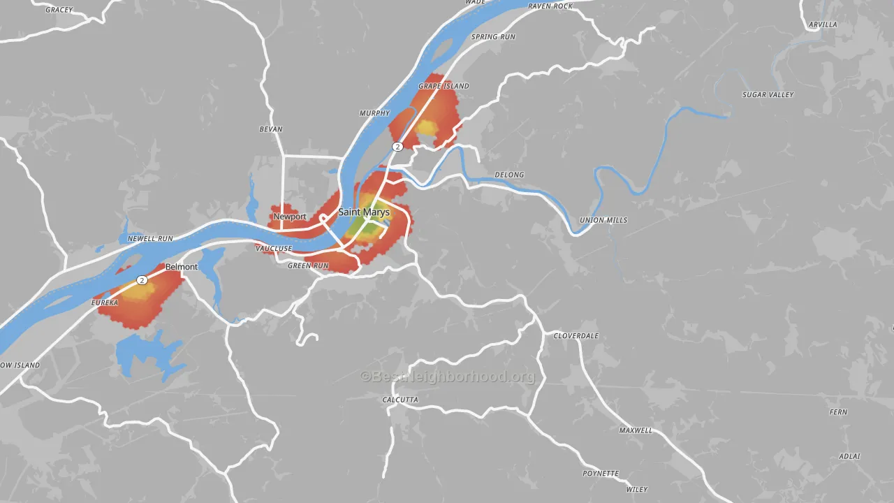 Walk Grade map of 26170, WV, walkable areas in green and car-dependent areas in red