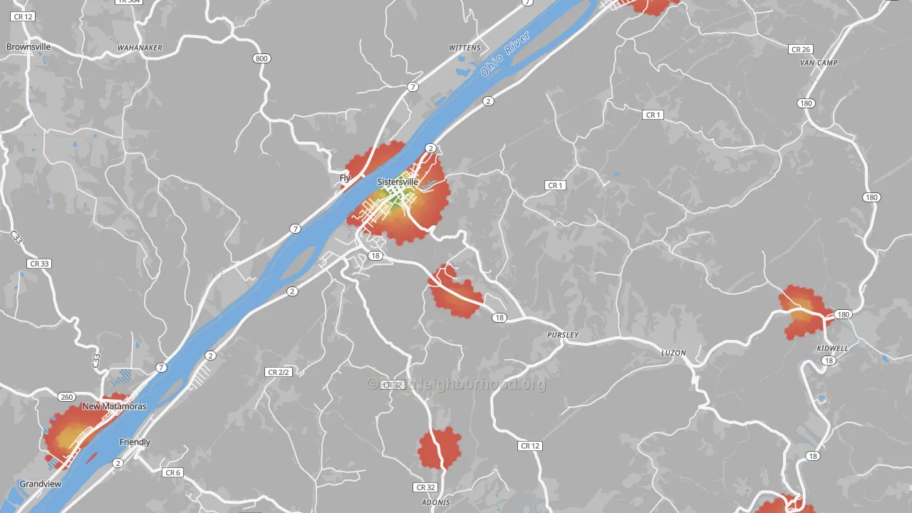 Walk Grade map of 26175, WV, walkable areas in green and car-dependent areas in red