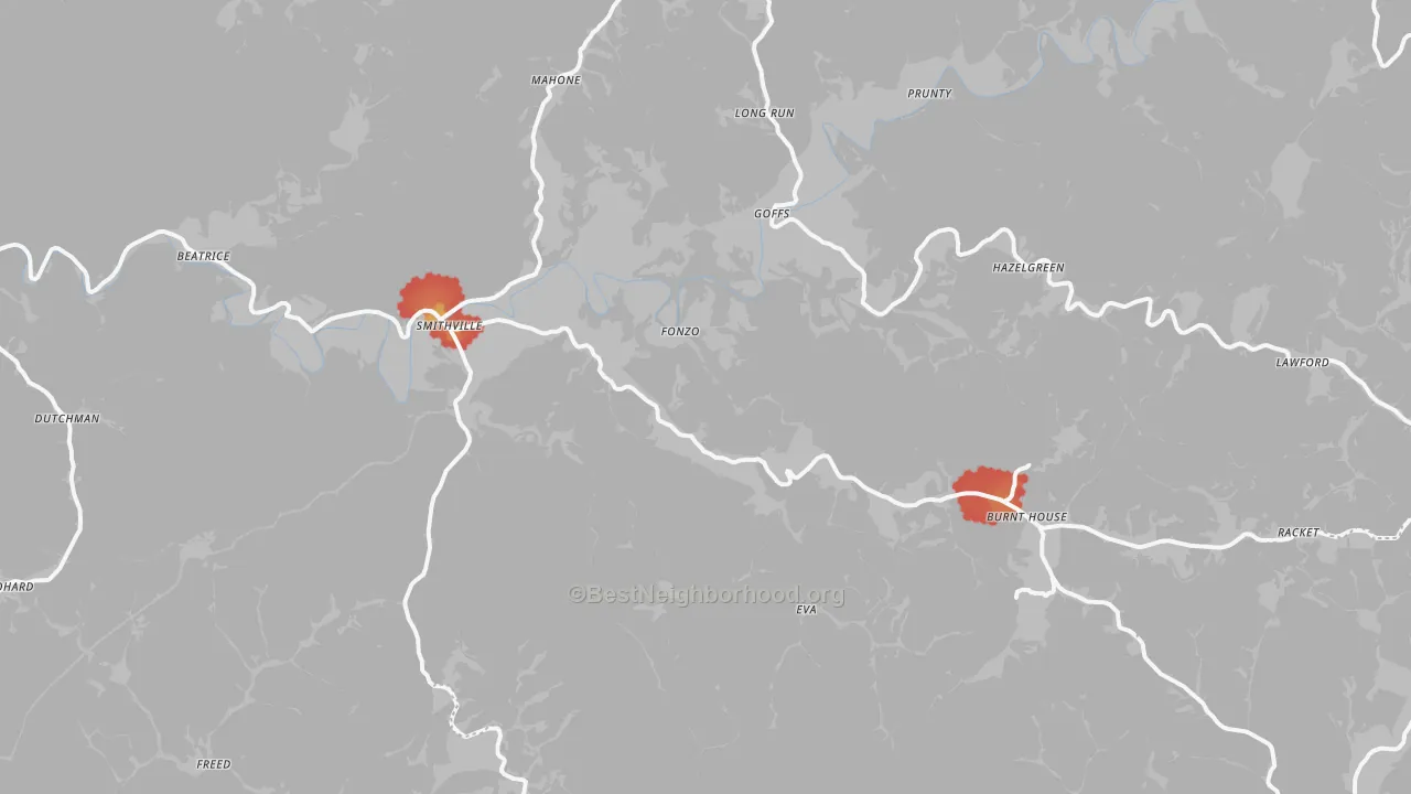 Walk Grade map of 26178, WV, walkable areas in green and car-dependent areas in red
