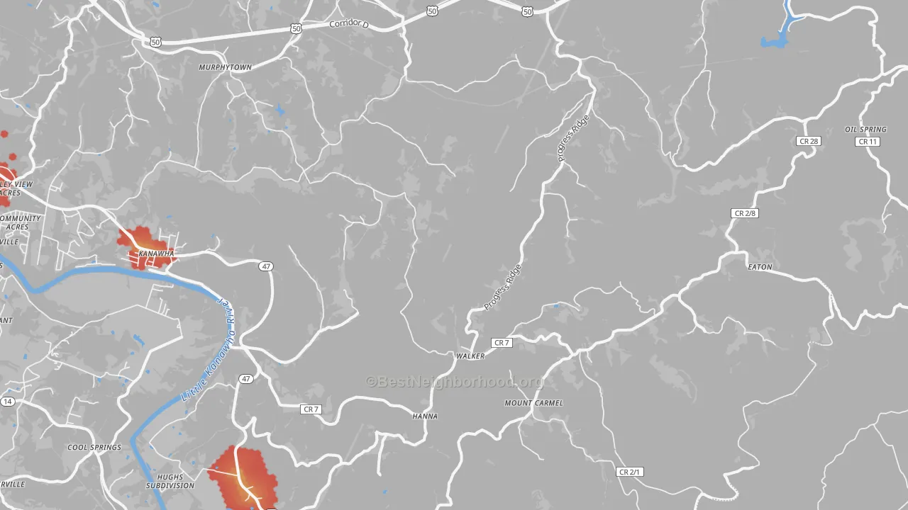 Walk Grade map of 26180, WV, walkable areas in green and car-dependent areas in red